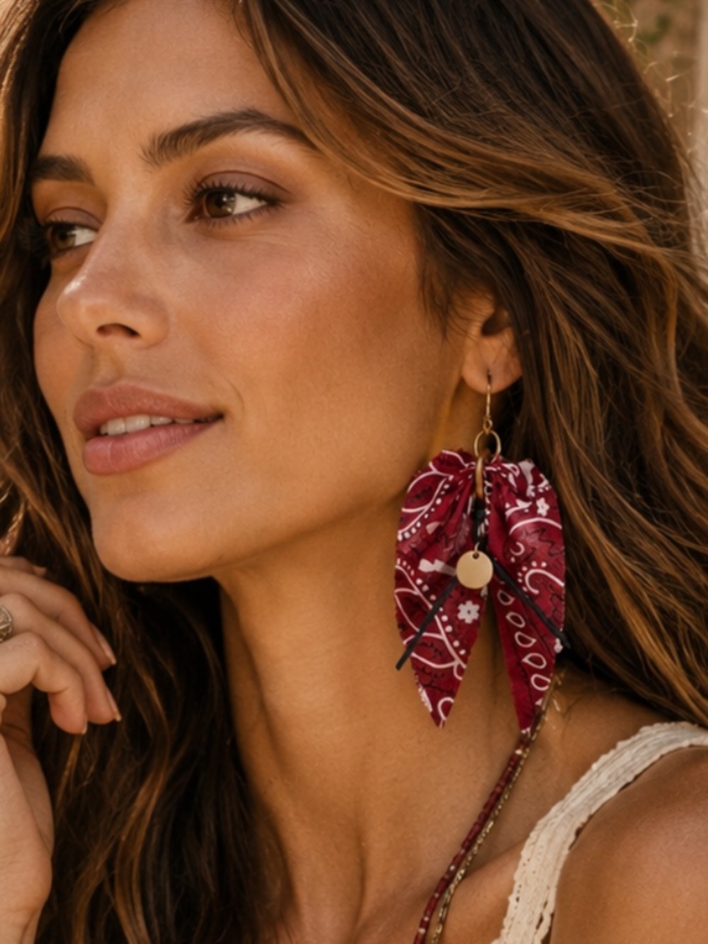 Free People Burgundy Bandana Scarf Dangle Earrings